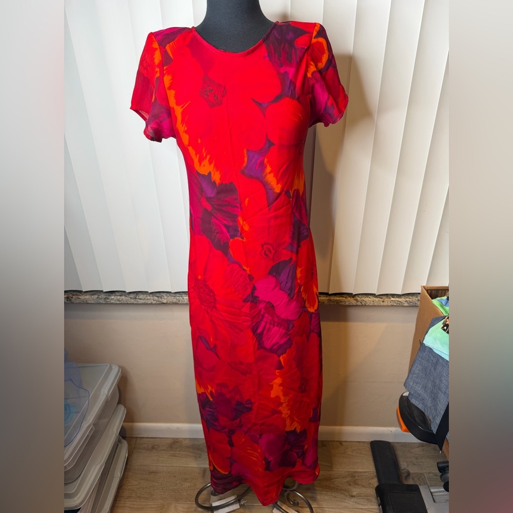 Gabrielle Vintage Y2K Floral Red Orange Maxi Shoulder Pads Dress Size Medium
